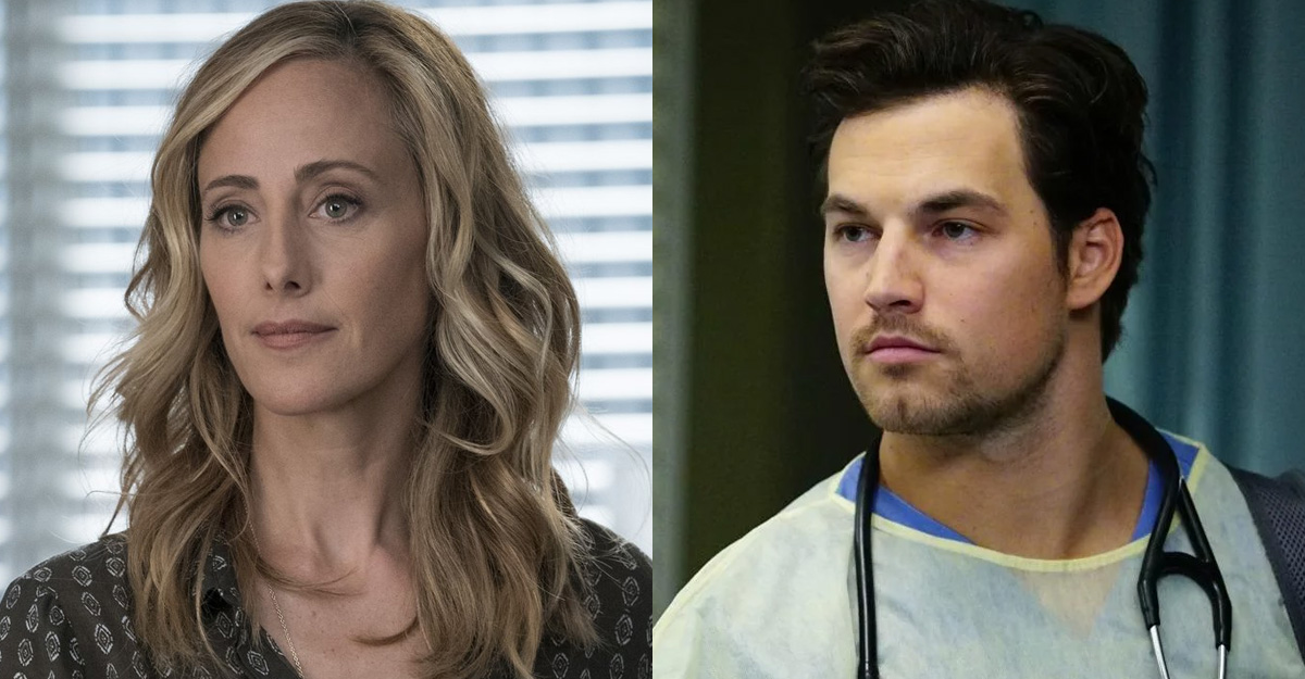 Kim Raver (Teddy Altman) and Giacomo Gianniotti (Andrew DeLuca) at a Grey's Anatomy convention in 2024
